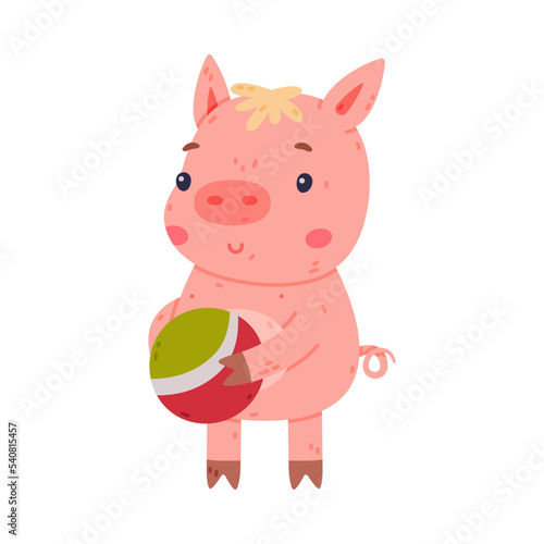 Funny Pink Piggy Character with Hoof Standing with Ball Vector Illustration