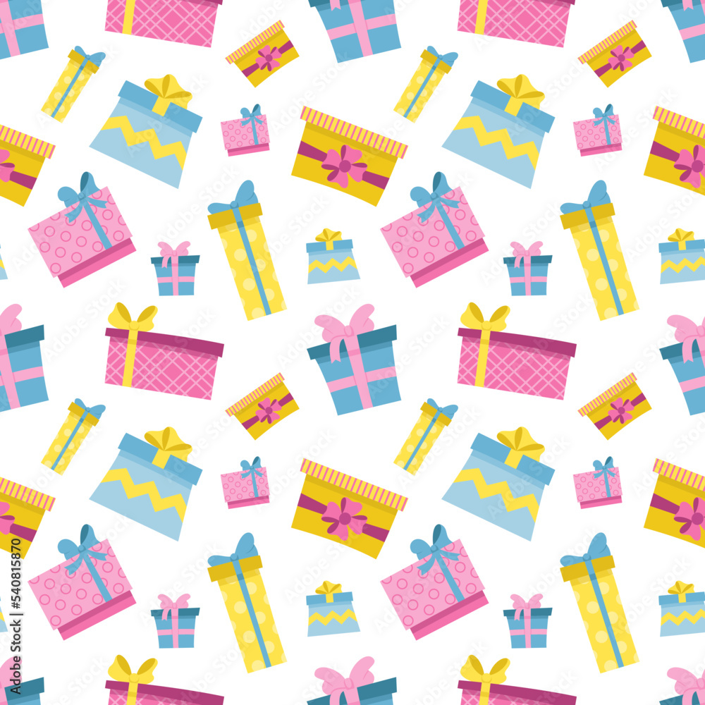 Seamless pattern of colorful gift boxes for Christmas, birthday, Easter, New Year, anniversary, party. Childish background for fabric, wrapping paper, textile, print, wallpaper. Flat design. Vector