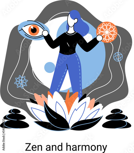 Zen and harmony metaphor, meditation practice. Balance, relaxation, mindfulness. Calm person relaxing. Yoga and spiritual practice, relax, recreation, healthy lifestyle. Japanese cult of mind and body
