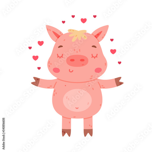 Funny Pink Piggy Character with Hoof Standing with Love Heart Vector Illustration