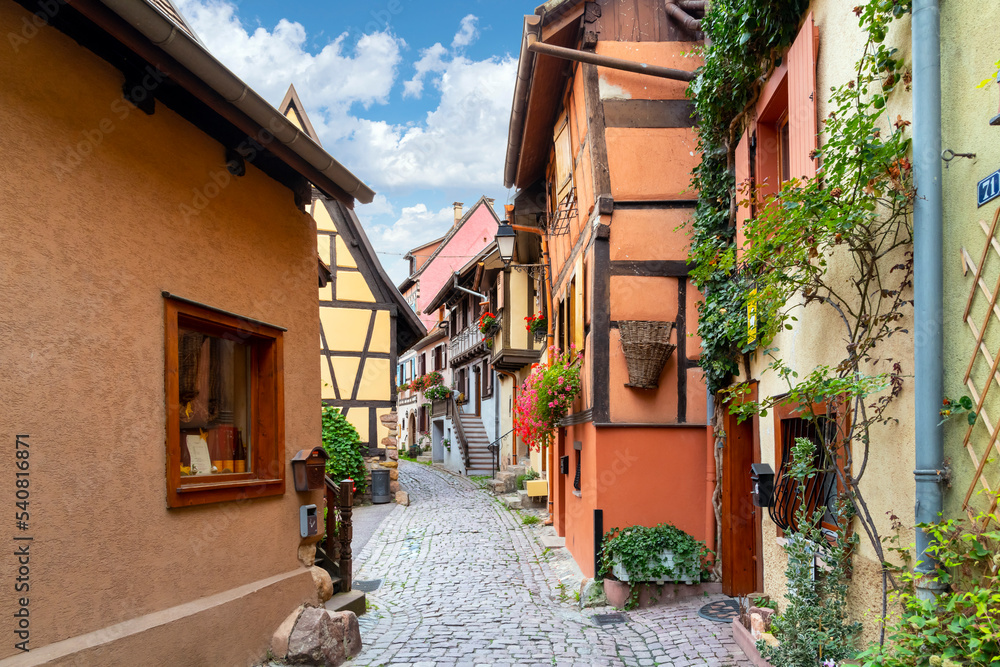 A charming and colorful narrow cobblestone alley in the medieval town of Eguisheim, France, in the Alsace region of Eastern France, along the Alsatian wine route.