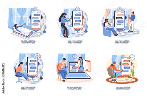Online medical services mobile application consultation and prescription medicine professional doctor connecting and giving consultation for patient anywhere telemedicine metaphor, health care program
