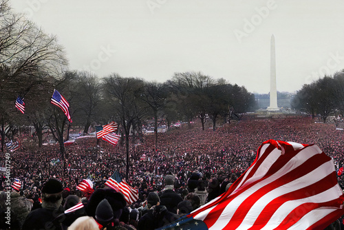 Slika na platnu Digital painting of crowds cheering or demonstrating with waving USA flags in Wa