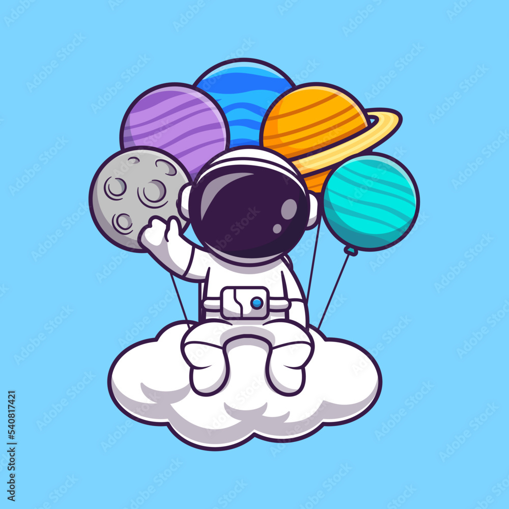Vecteur Stock Astronaut Sitting On Cloud With Planet Balloon Cartoon ...