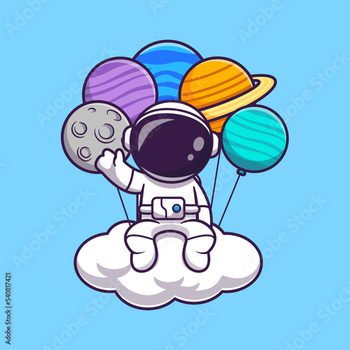 Astronaut Sitting On Cloud With Planet Balloon Cartoon 
Vector Icon Illustration. Science Technology Icon Concept 
Isolated Premium Vector. Flat Cartoon Style