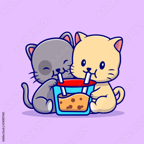 Cute Couple Cat Drink Boba Milk Tea Cartoon Vector Icon 
Illustration. Animal Drink Icon Concept Isolated Premium 
Vector. Flat Cartoon Style
