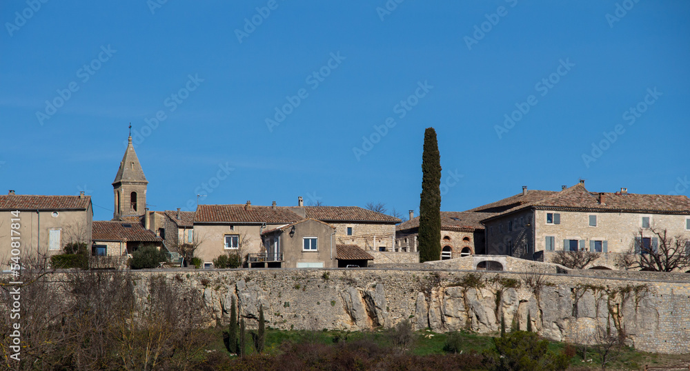 Panorama of Lussan, attractive village in the countryside of the Gard department in France.