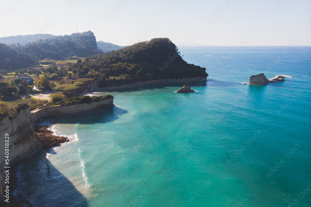 Fototapeta premium Sidari, beautiful aerial drone landscape of Canal d’Amour (Love Channel), Corfu island, Greece, with turqoise water and sea beach, Kerkyra, Ionian islands, summer sunny day