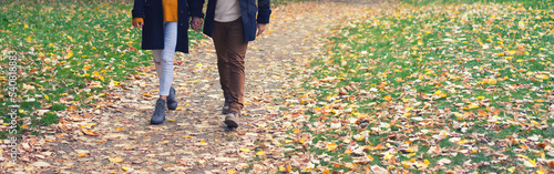 Smiling young couple in love walking in the park on a beautiful autumn day