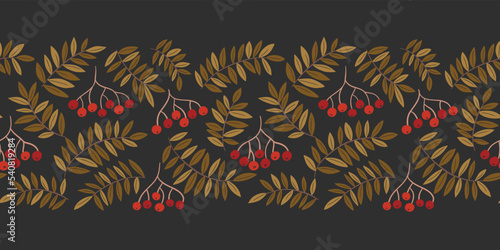 Colorful Fall Linocut Rowan Tree Foliage and Berries Vector Seamless Horizontal Pattern Border. Autumn Wilderness Graphic Print