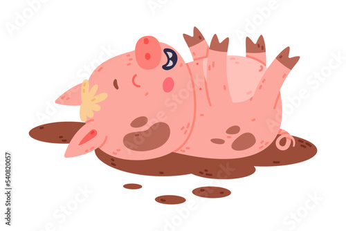 Funny Pink Piggy Character with Hoof Rolling on Its Back in Mud Vector Illustration