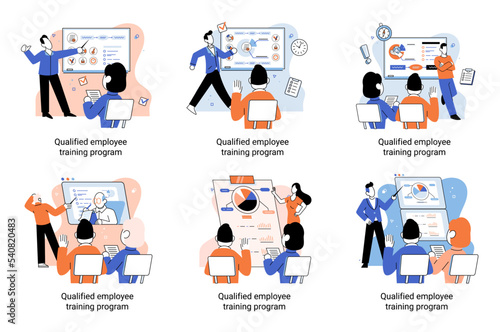Qualified employee training program. Refresher course metaphor. Help in professional development. Learning for software development and growth. Agile project management team project life scrum meeting
