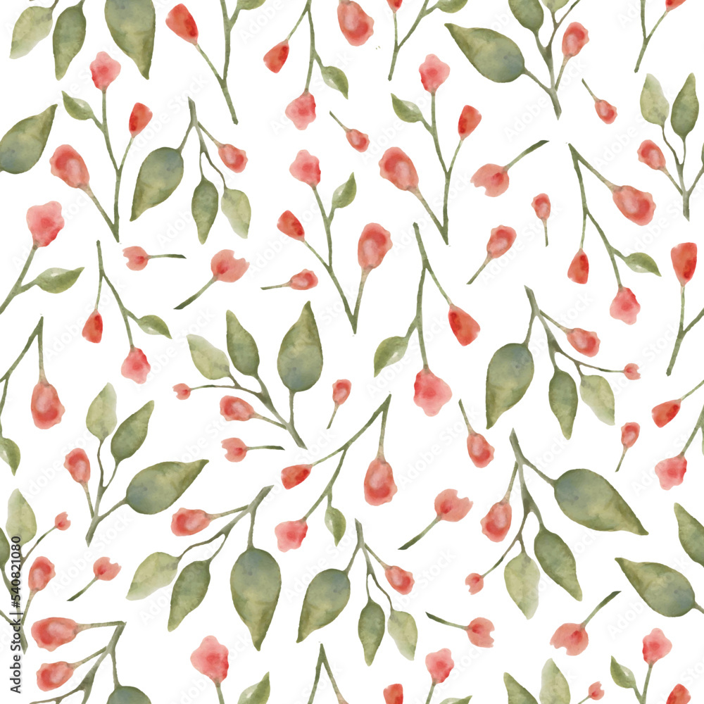 Watercolor seamless pattern with abstract red flowers, leaves. Hand ...