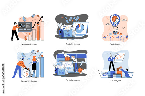 Capital gain, portfolio income, investment income. Investments and bonds, cash flow money slot, mutual fund, finance abstract metaphor. Money investing financiers analyzing stock market profit dollars