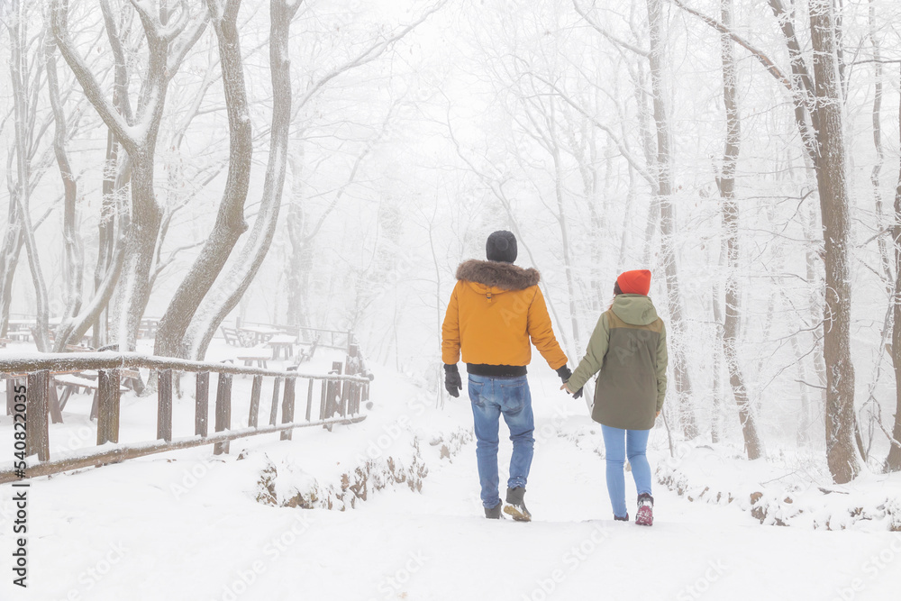 Couple taking a walk through the forest on snowy winter day