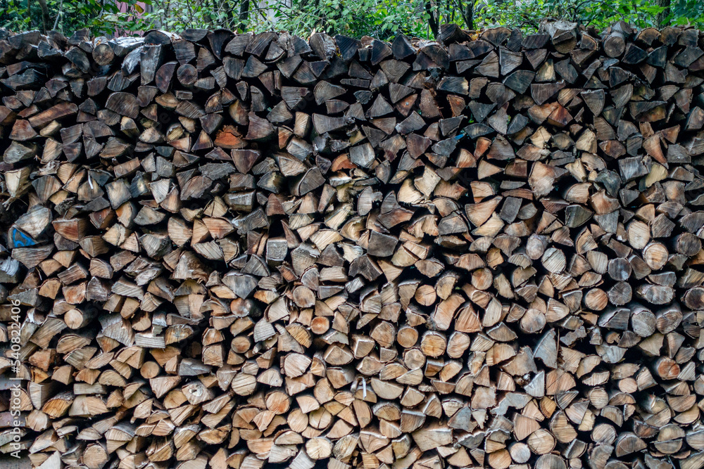 Brennholz lagert im Freien auf einer Wiese