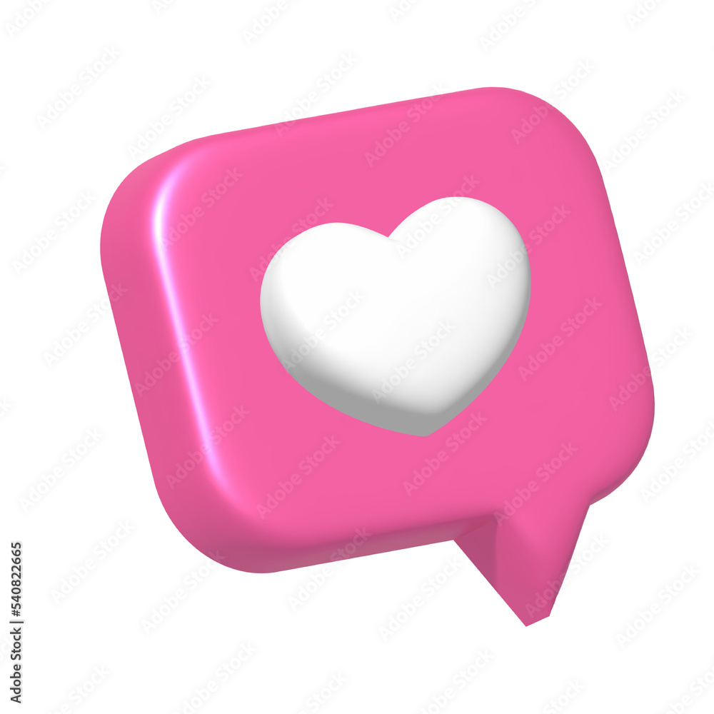 Sweet social media notification love like heart icon in pink speech bubble pin isolated on white background minimal conceptual 3D rendering. Sweet social media notification love like heart icon in pink speech bubble pin isolated on white background minimal conceptual 3D rendering.