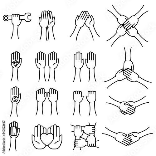 Hand gestures icon set. Hi five hands, handshaking and other gestures. Thin line art. Black vector symbols isolated on white background.