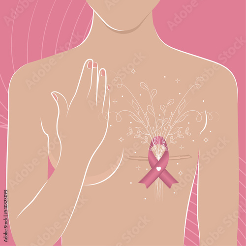 Breast cancer awareness poster Woman body covering one breast Vector illustration