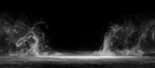Abstract image of dark room concrete floor. Black room or stage background for product placement.Panoramic view of the abstract fog. White cloudiness, mist or smog moves on black background. 