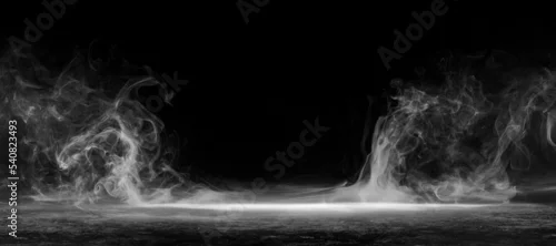 Panel kuchenny z motywem Abstract image of dark room concrete floor. Black room or stage background for product placement.Panoramic view of the abstract fog. White cloudiness, mist or smog moves on black background. 