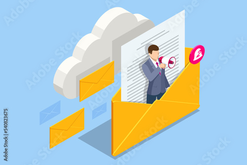 Isometric Email Notification Concept. Message Online Chat Social Text Concept. Spam. New Email, Messaging, Email marketing