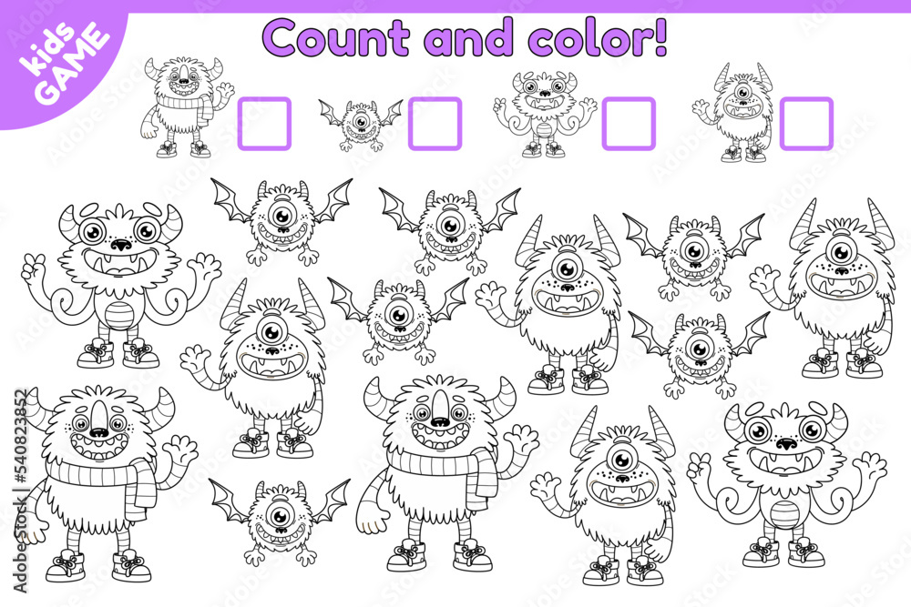 Educational counting math game for kids. Count how many object and write the result. Coloring book. Cartoon monsers. Vector illustration.
