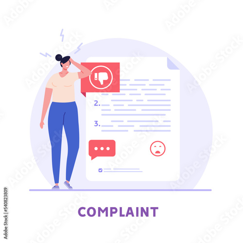 User filling complaint form. Client giving negative feedback at rating scale. Concept of bad review, negative feedback, complaint, dislike. Bad user experience. Vector illustration flat design