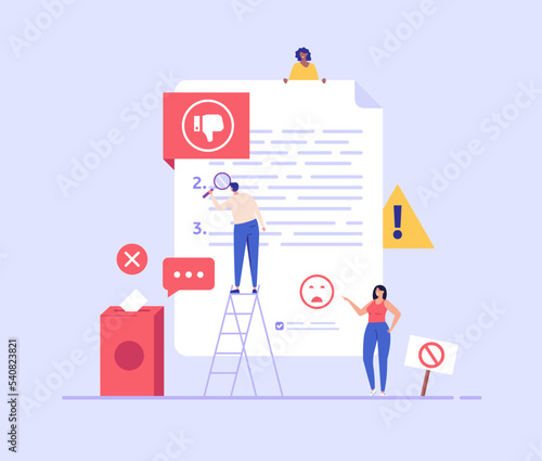 User filling complaint form. Client giving negative feedback at rating scale. Concept of bad review, negative feedback, complaint, dislike. Bad user experience. Vector illustration flat design