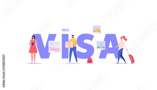 Concept of tourist visa, travel, approved visa, tourist guide. Young tourists with guide map visit world attractions and landmarks. People travel abroad with foreign passport. Vector illustration