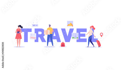 Concept of tourist visa  travel  approved visa  tourist guide. Young tourists with guide map visit world attractions and landmarks. People travel abroad with foreign passport. Vector illustration