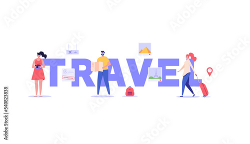 Concept of tourist visa, travel, approved visa, tourist guide. Young tourists with guide map visit world attractions and landmarks. People travel abroad with foreign passport. Vector illustration