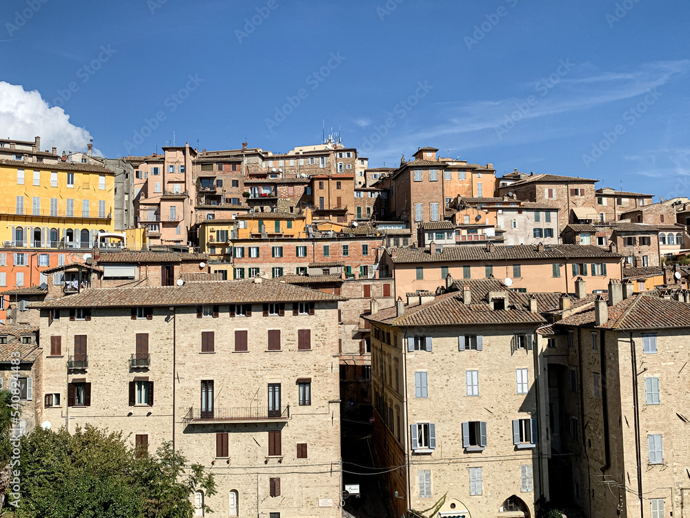 Street view of Perugia, Umbria, Italy. View from Terrazza del Mercato coperto. A view of the old town of Perugia, Umbria, Italy. Scenic point.