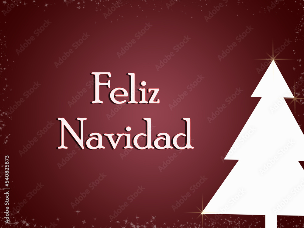 Merry Christmas in spanish and christmas tree. Red background with snowflakes. White stars. Christmas concept. Illustration Merry Christmas in spanish and christmas tree. Red background with snowflakes. White stars. Christmas concept. Illustration