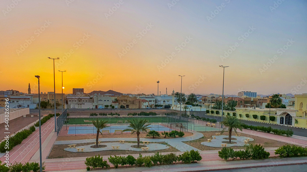 District, Public Park, Hail, Saudi Arabia. 03.20.2022. A shot of public park in Hail at sunrise time.