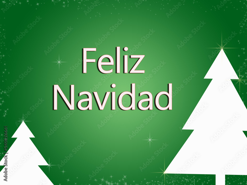 Merry Christmas in spanish and christmas tree. Green background with snowflakes. White stars. Christmas concept. Illustration