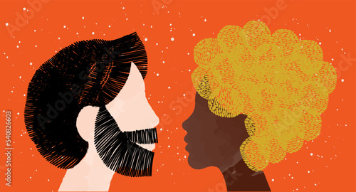 diversity people - straight couple - white face man and black hair - black face woman and blonde hair - face to face