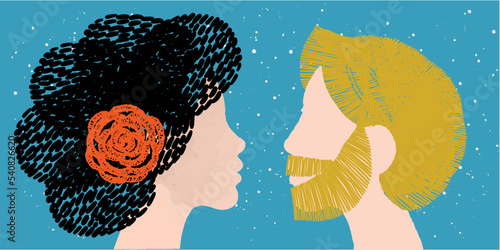 diversity people - straight couple - white face man and blonde hair - white face woman and black hair - face to face