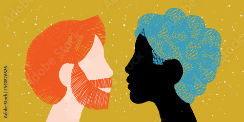 diversity people - gay couple - black face man and blue hair - white face man and red hair - face to face