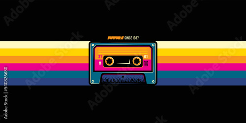 Original vector illustration. An old audio cassette on a retro background. A design element. Print on a T-shirt.