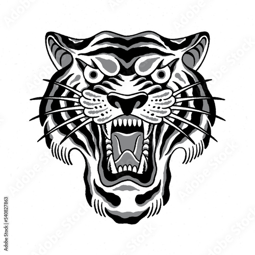 Vector illustration. Tiger's head. Traditional tattoo. Black and gray