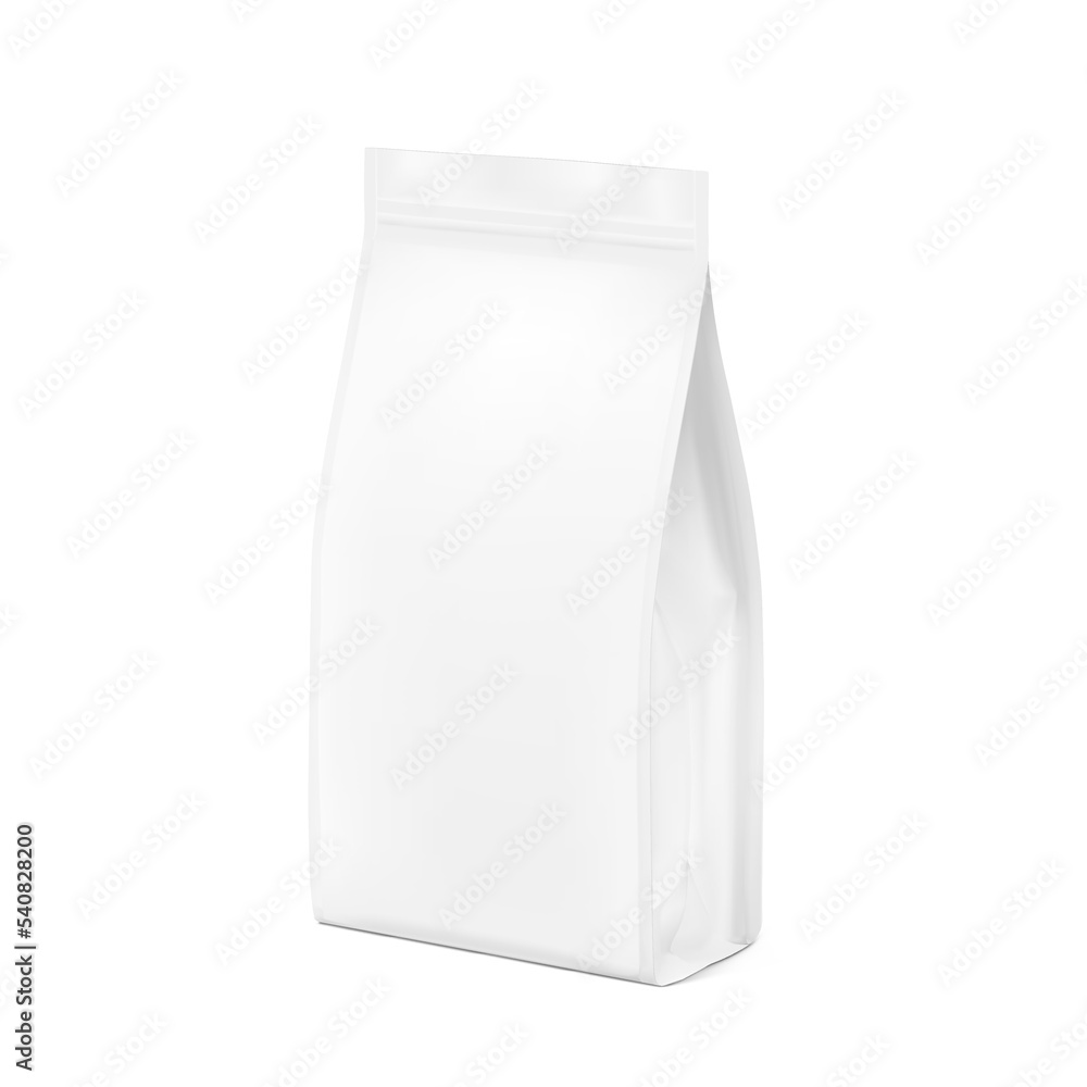 Vertical bag with flat bottom mockup. Vector illustration isolated on white background. Half side view. Can be use for your design, presentation, promo, ad. EPS10. Vertical bag with flat bottom mockup. Vector illustration isolated on white background. Half side view. Can be use for your design, presentation, promo, ad. EPS10.