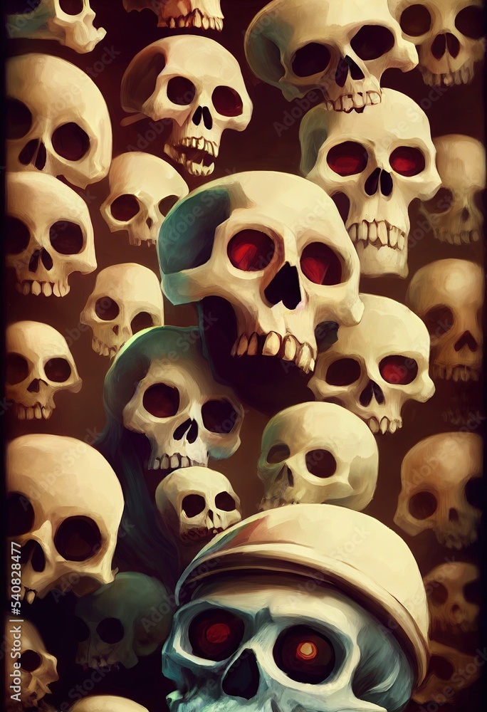 A moltitude of skulls, colorful illustration background, design wallpaper, made with AI