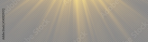 Flash gold light with rays and spotlight. Golden star burst with sparkles. Translucent shine sun, bright flare. Sunlight glowing png effect. Yellow beam sunrays on transparent background. Vector