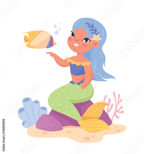 Cute mermaid character. Young girl sits on stone underwater and communicates with fish. Fictional character  fantasy and imagination. Poster or banner for website. Cartoon flat vector illustration