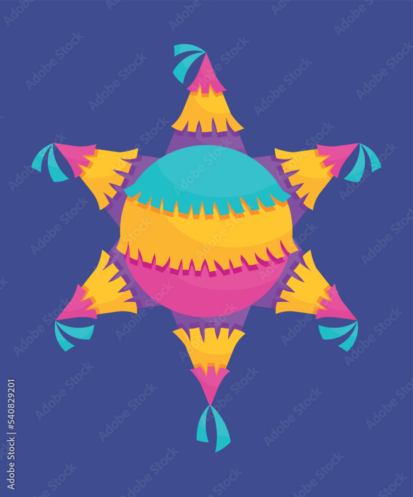 Mexican star pinata. Multicolored handmade for sweets and candies. Traditional Latin American holidays, festivals and events. Entertainment, joy and happiness. Cartoon isometric vector illustration