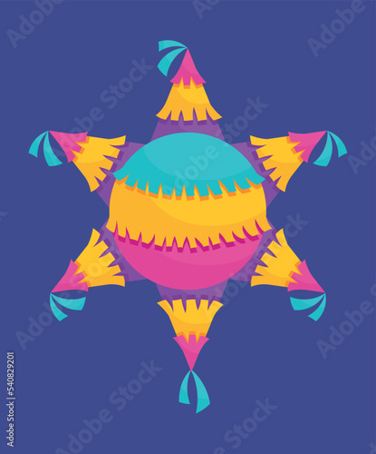 Mexican star pinata. Multicolored handmade for sweets and candies. Traditional Latin American holidays, festivals and events. Entertainment, joy and happiness. Cartoon isometric vector illustration