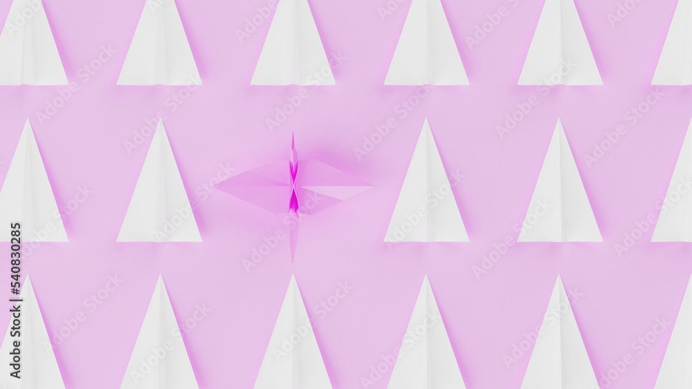 Origami of pink crane and many white airplanes on pink board under white lighting background. Concept 3D CG of Japanese traditional culture, wish for world peace and legendary president. Origami of pink crane and many white airplanes on pink board under white lighting background. Concept 3D CG of Japanese traditional culture, wish for world peace and legendary president.