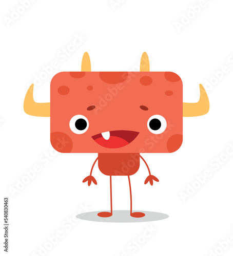 Red monster character. Mascot or toy with large rectangular head and horns for kids. Graphic element for printing on fabric. Sticker for social networks messengers. Cartoon flat vector illustration