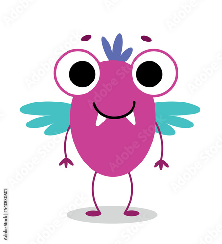 Violet monster character. Cool person with big eyes. Hooker with wings and thin legs. Toy or mascot for children for autumn holiday of horror, Halloween concept. Cartoon flat vector illustration